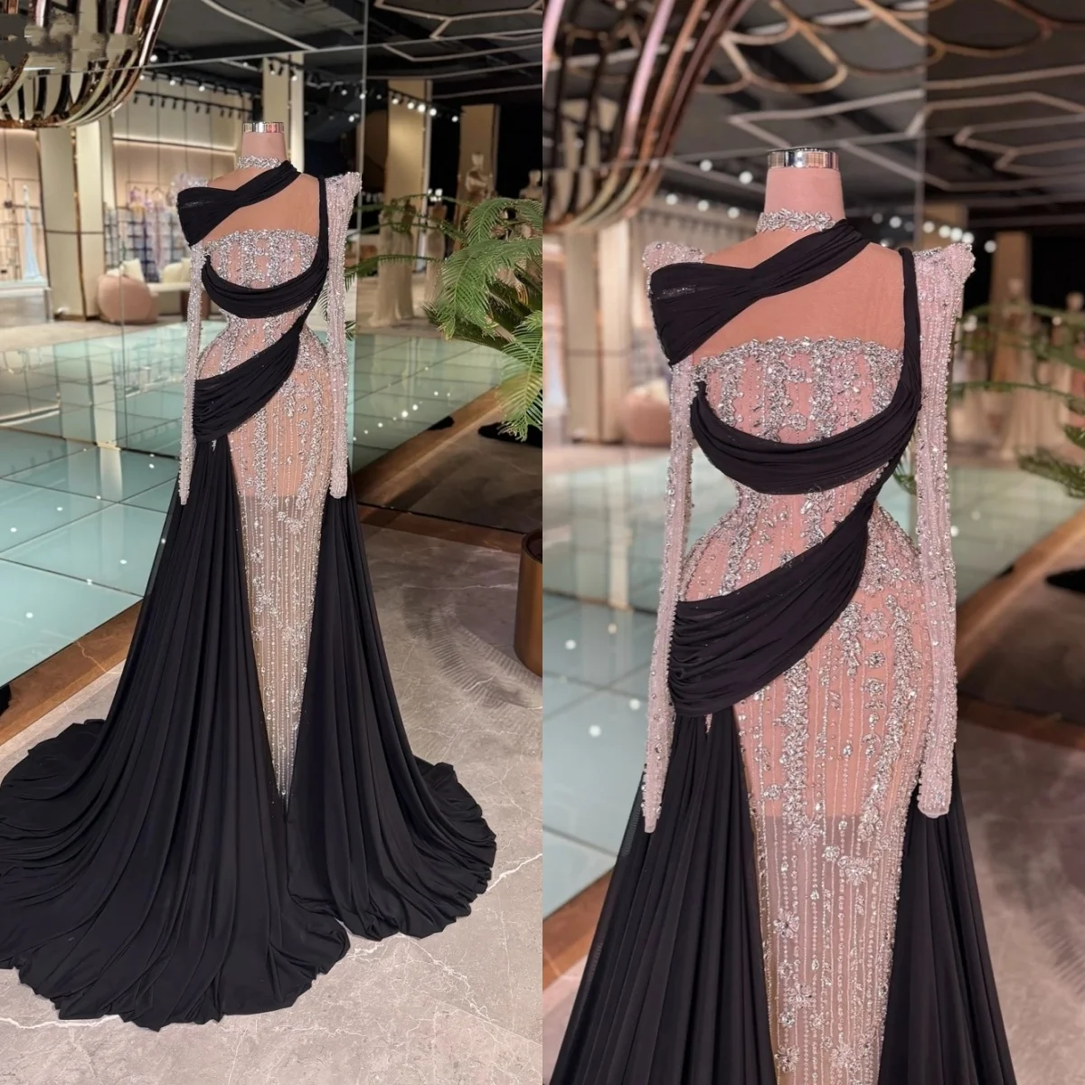 Exquisite High Neck Prom Dress Crystal Beading Evening Dresses See Through Long Sleeves Mermaid Party Gowns Vestidos De Noche