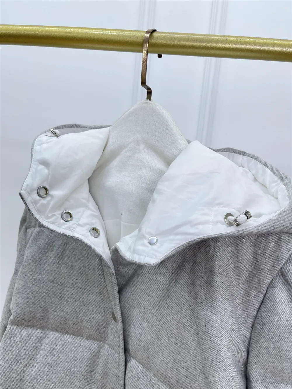 Autumn Winter Women Fake Two-Piece Goose Down Jacket Single Breasted Long Sleeve Loose Wool Cashmere Mid-Length Hooded Coat