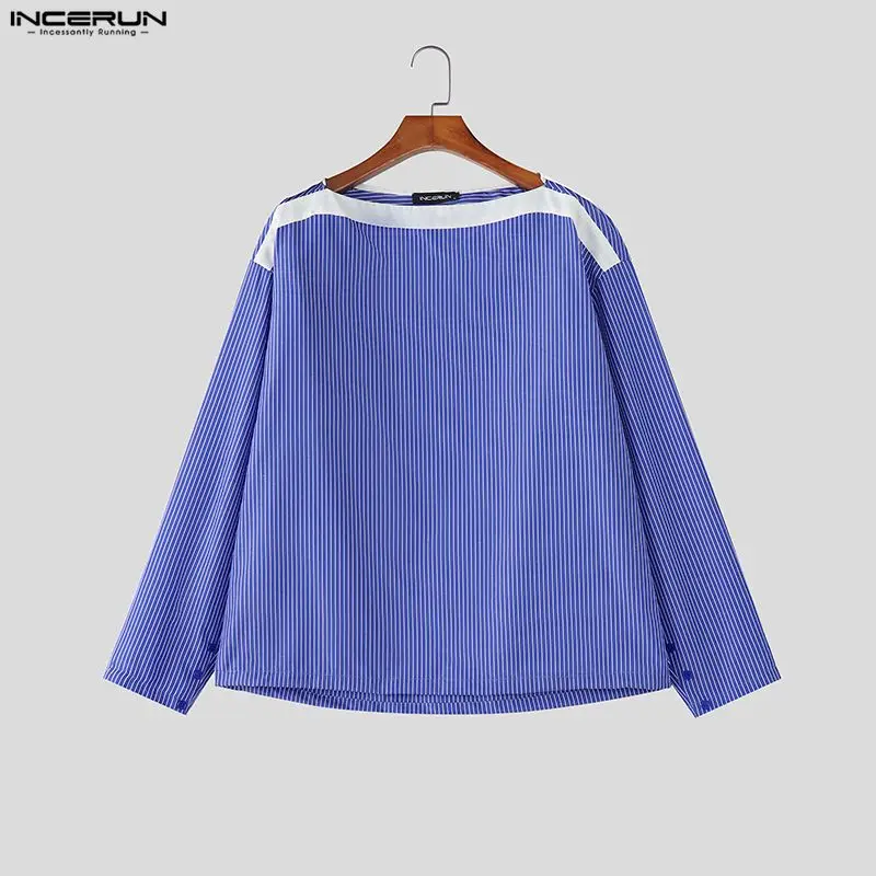 

Мужская рубашка INCERUN в полоску, с лоскутным узором, с вырезом-лодочкой, с длинным рукавом, свободная, в стиле стритвир, повседневная, модная, мужская одежда