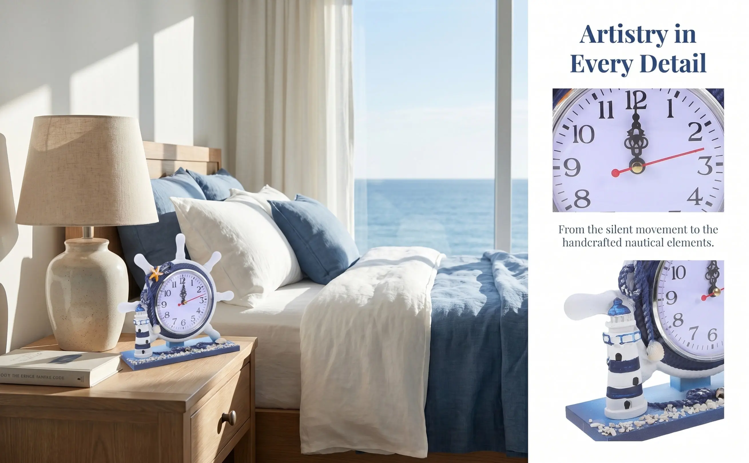 Nautical Lighthouse Desk Clock, Silent Home Decor for Living Room, Unique Table Ornament & Gift