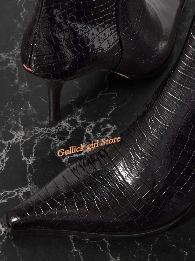 Black Stone Pattern Ankle Booties Side Zipper Stiletto Thin High Heel Runway Fashion 2024 Autumn Winter Women  Dress Booties