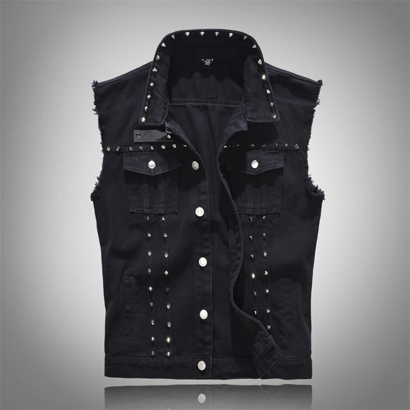 

New Men's Denim Vests Rivet Sleeveless Moto Biker Jeans Jacket Men Waistcoats Cotton Gilet Tank West Cowboy Hip Hop Streetwear