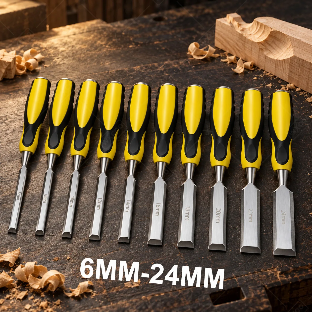 WXCOO Professional Flat Wood Chisel Set 6mm To 24mm Sharp Beveled Steel Woodworking DIY Ergonomic Handle Woodcut Carving Tools