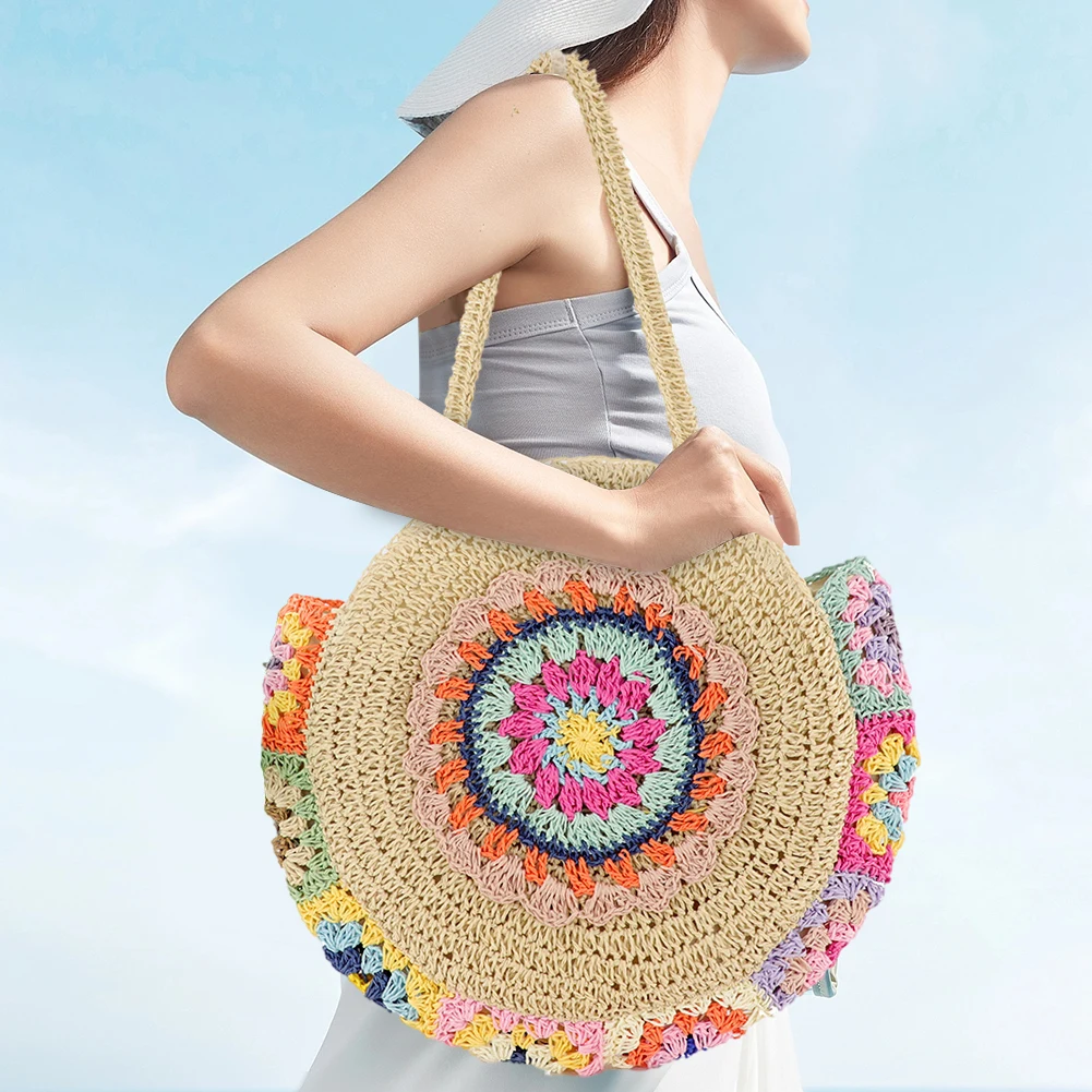 

Women Summer Beach Bags Round Straw Woven Tote Bag Vacation Shoulder Bag Large Capacity Ethnic Style for Travel Vacation