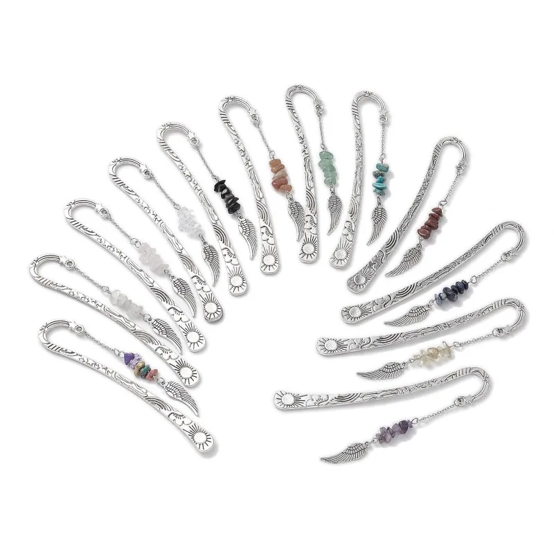 12pcs Chip Raw Stone Beads Angel Wing Charms Bookmark Pendant Quartz Gemstone Creative Page Holder Stationery Decor Gift