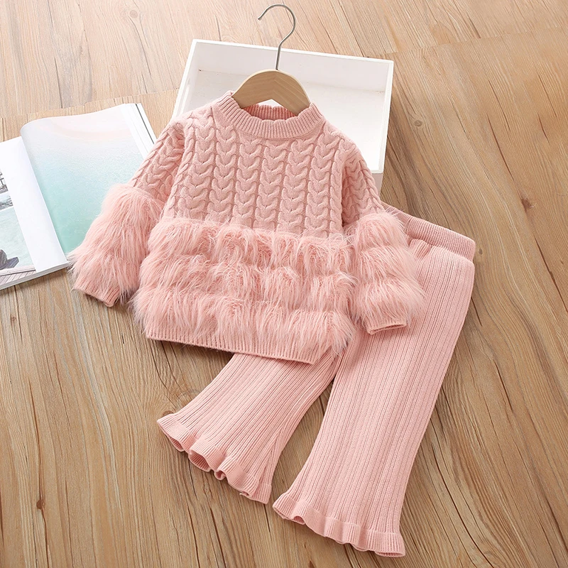 Little maven Autumn Winter Fashion Toddler Baby Girl Clothing Feather Sweater+Bell-Bottoms Set Children's Clothing Outfits Sets