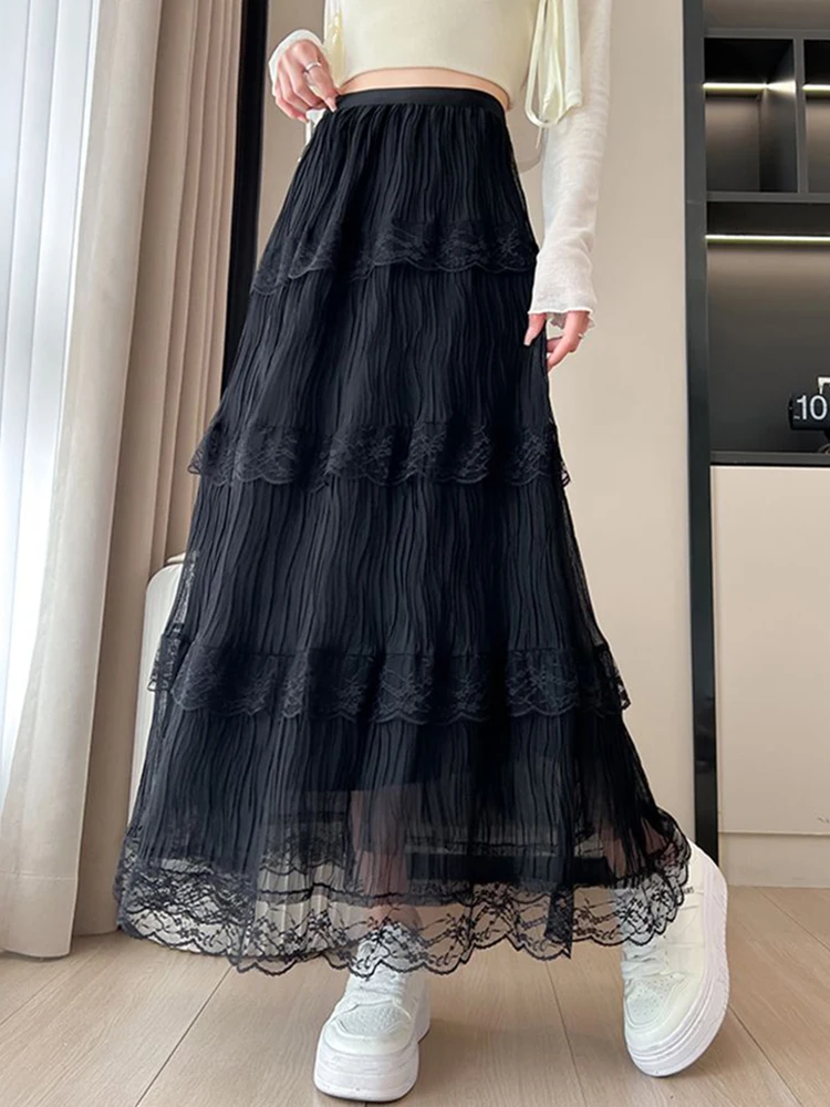 Jmprs Lace Patchwork Chic Long Skirt Women Sweet High Waist Fashion Loose Skirts Korean Casual Summer All Match Long Skirts New