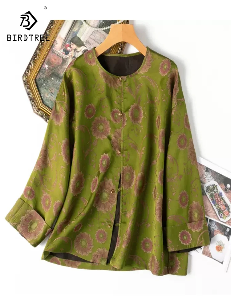 BirdTree, 38MM 100%Real Silk Elegant Song Brocade Shirt, Women Long Sleeve Printed, Casual Vintage Coat, 2024 Spring C43672QC