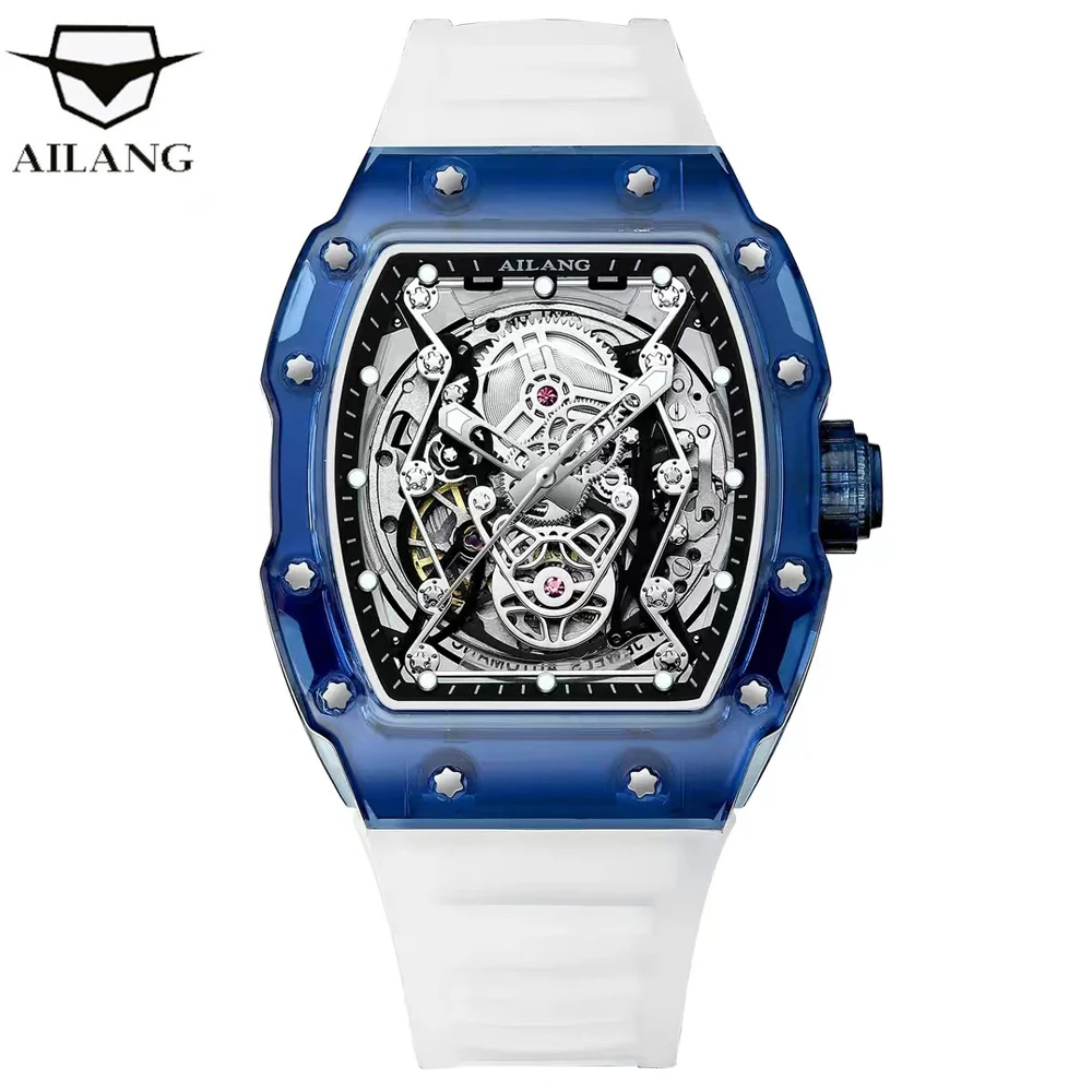 

AILANG New Designer Hollow Tonneau Mechanical Watch Men Luxury Brand Skeleton Automatic Watches Mens Sport Silicone Wristwatch