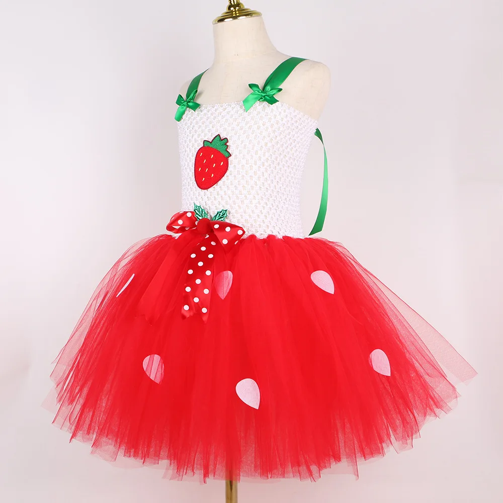 Christmas New Year Strawberry Tutu Dress for Girls Red Tulle Princess Skirt Kids Fluffy Mesh Outfit Matching Decorative Headband