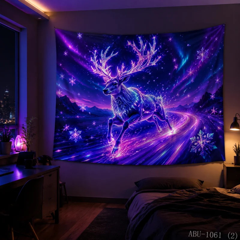 VIKAMA Purple Blue Aurora Lake Elk Christmas Tapestry High Definition Background Cloth Holiday Atmosphere Room Decoration