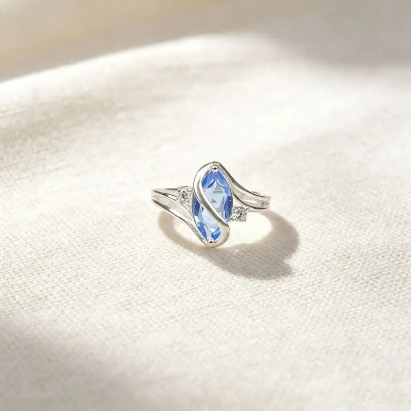 S925Sterling silver ring with aquamarine and cubic zirconia, a delicate and elegant design, perfect for everyday wear and versat