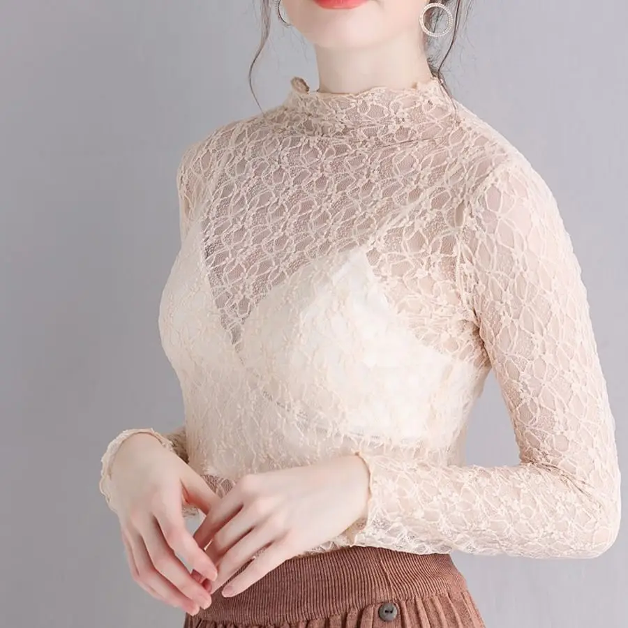 Blouse Women Turtleneck Grenadine Women Long Sleeve Gauze Clothes Perspective Hollow-out Lace Tops Blusas Ropa De Mujer