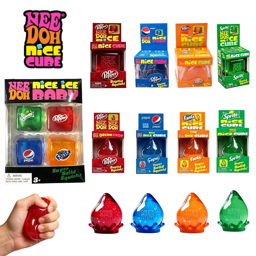 Schylling Needoh Nice Ice Baby 4 Pack Teenie Cube Fidget Relief Sensory Toy Cola Sprite Cube Squish Toy Maltose Non-toxic Gift