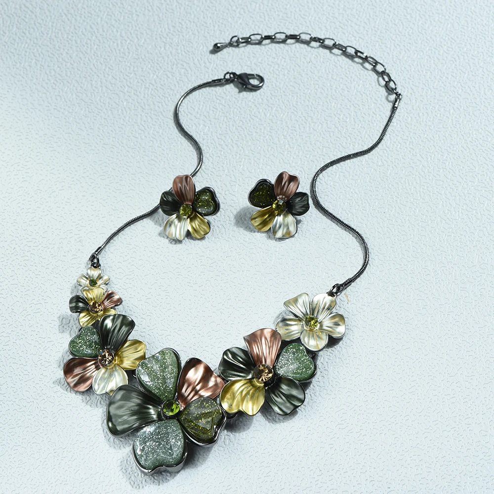 ICEYY Luxury Design Hand Painted Chunky Five Petal Choker Necklace Set  Earrings Jewelry for Women Party Gifts