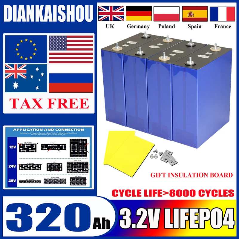 New 3.2V 320Ah Lifepo4 Battery Grade A 12V 24V 48V Rechargable Lithium Iron Phosphate Battery For Backup Power RV Boat tax free