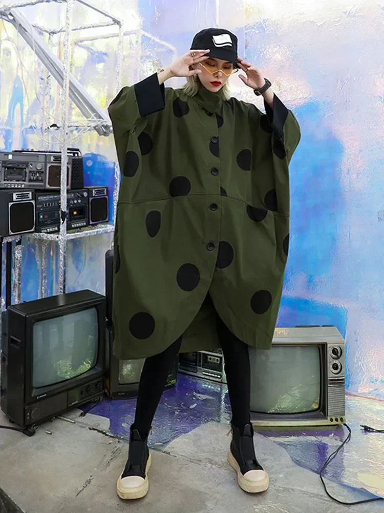 XITAO Irregular Trench Women Polka Dot Autumn Single Breast Pocket Elegant Patchwork Turn Down Collar Coat GCC1781