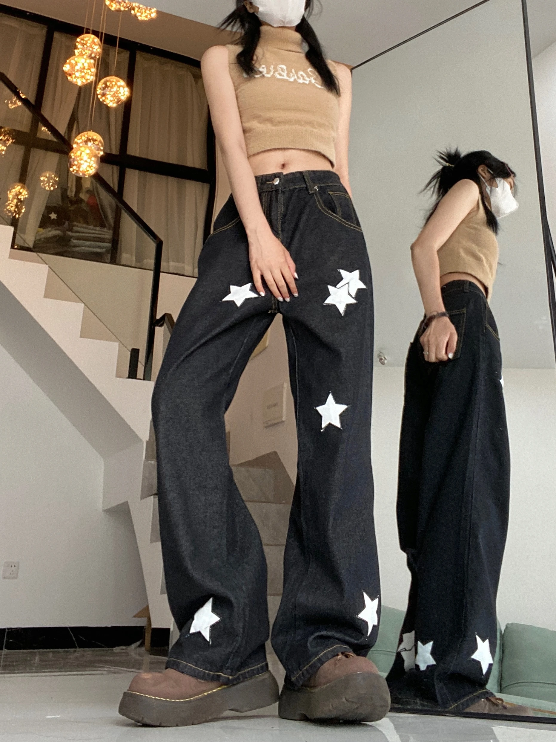 WCFCX STUDIO American Vintage High Waist Slim Straight Wide Leg Jeans Women's Star Print Button Zipper Pockets Trendy Loose Pant