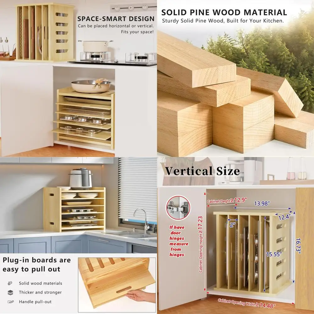 Divisores de bandeja de madeira para armários de cozinha, organizador de cozimento, soluções de armazenamento de panelas e frigideiras