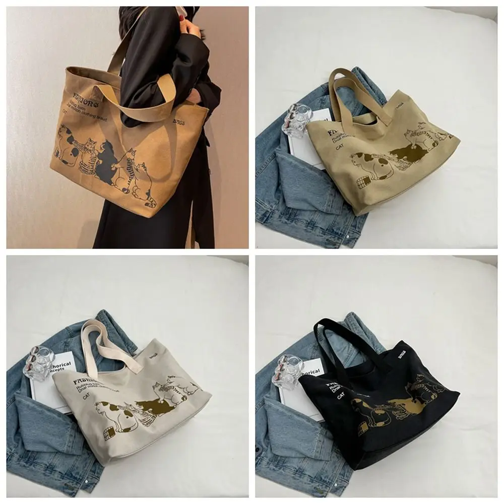 

Elegant Print Cat Tote Bag Letter Canvas Canvas Shoulder Bag Japanese Style Shopping Bag Animal Handbag Travel