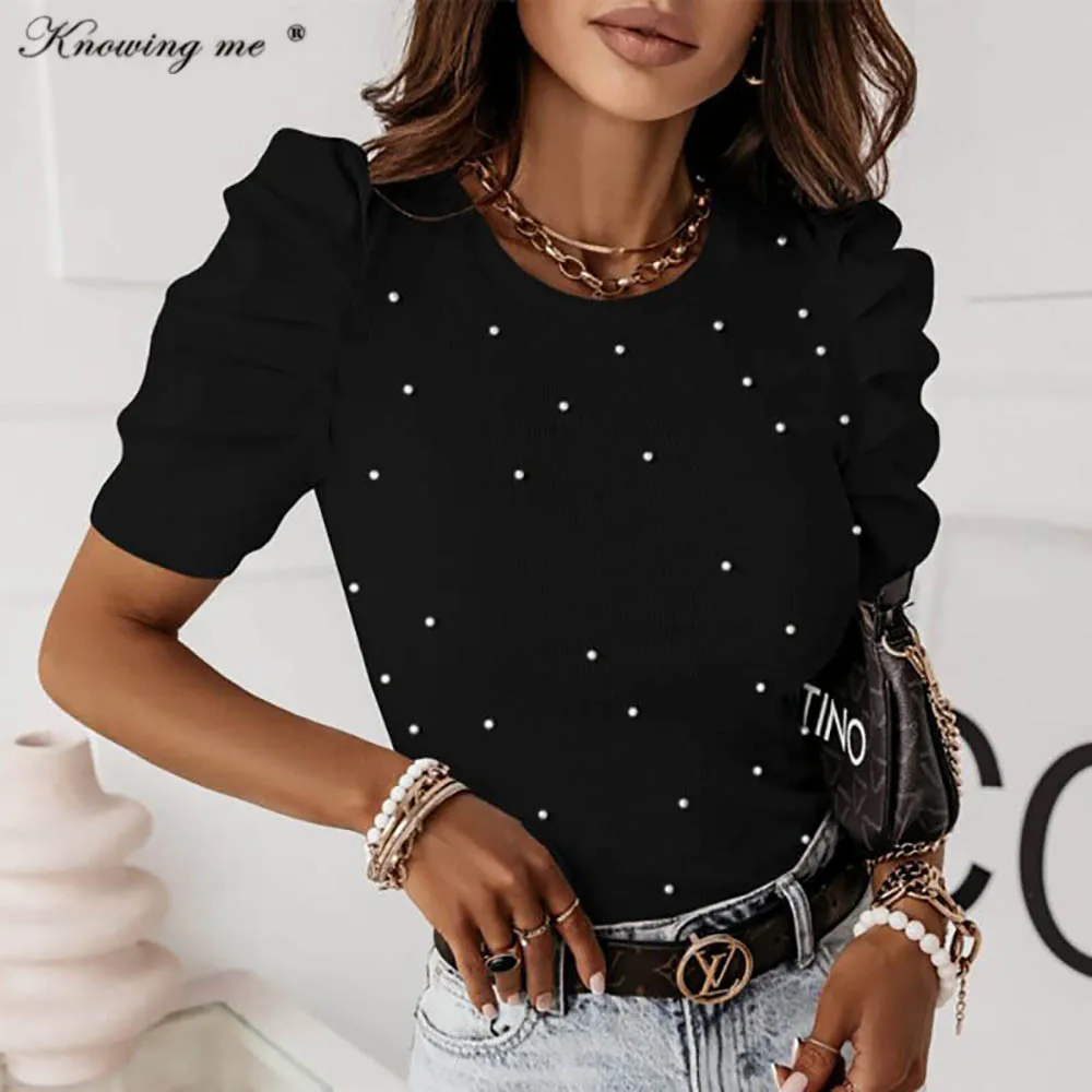 

Office Lady pruff short sleeve blouse shirts women casual o neck beads rib slim pullover top Female fashion solid color tops