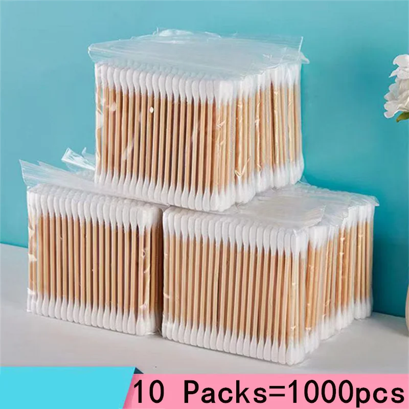 100/1000 قطعة مسحات قطنية غير معطرة، برأسين، عصا خشبية، إزالة المكياج وتنظيف مسحات قطنية للأذن