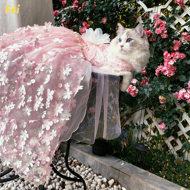 

Pure Handmade Pet Dog Clothes Luxury Pearl Flower Decor Lace Long Tail Princess Dresses For Small Medium Dog Pink Skirts Puppy