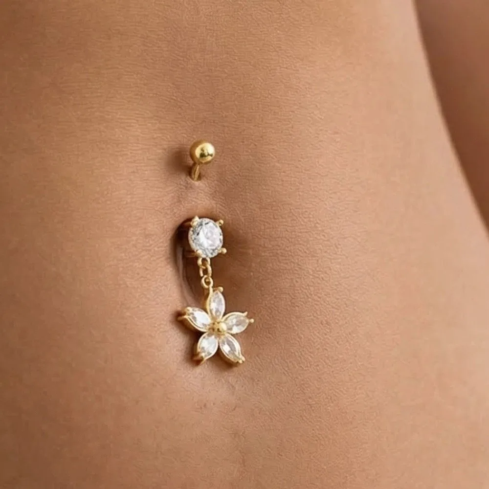 Alloy Rhinestone Piercing Belly Dangled Design Shiny Apricot Blossom Navel Jewelry Mini Detachable Flower Rhinestone Belly Ring