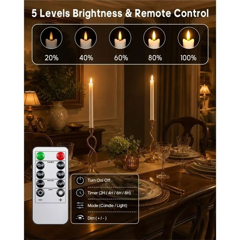 ABSS-Window Candles 9.8In Real Wax LED Flameless Taper Candles 6Pack With Remote, For Fireplace Christmas Wedding Party Decor
