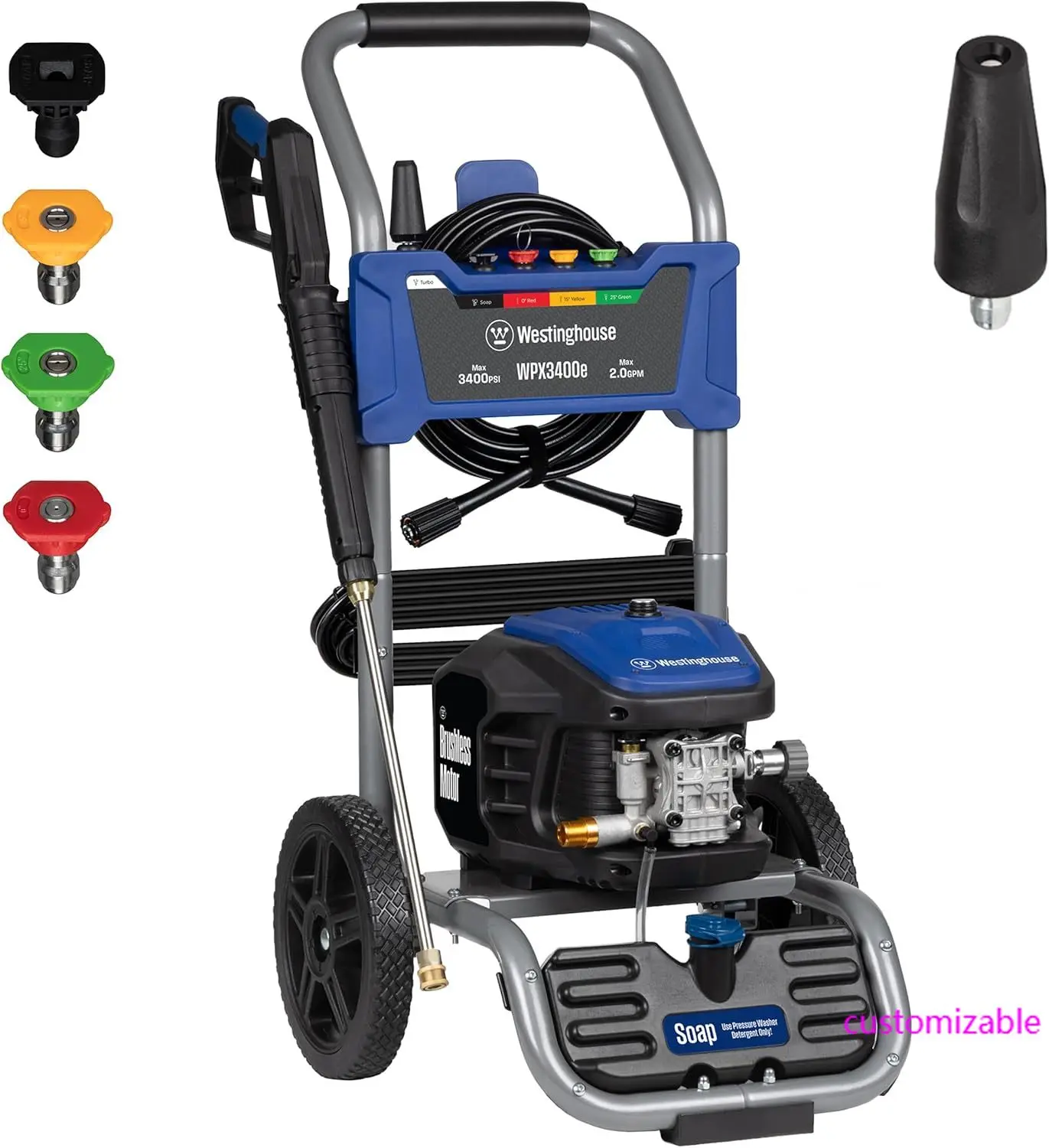 WPX3400e Electric Pressure Washer, 3400 Max PSI and 2.0 Max GPM, Brushless Motor, Onboard Soap Tank, Spray Gun and Wand