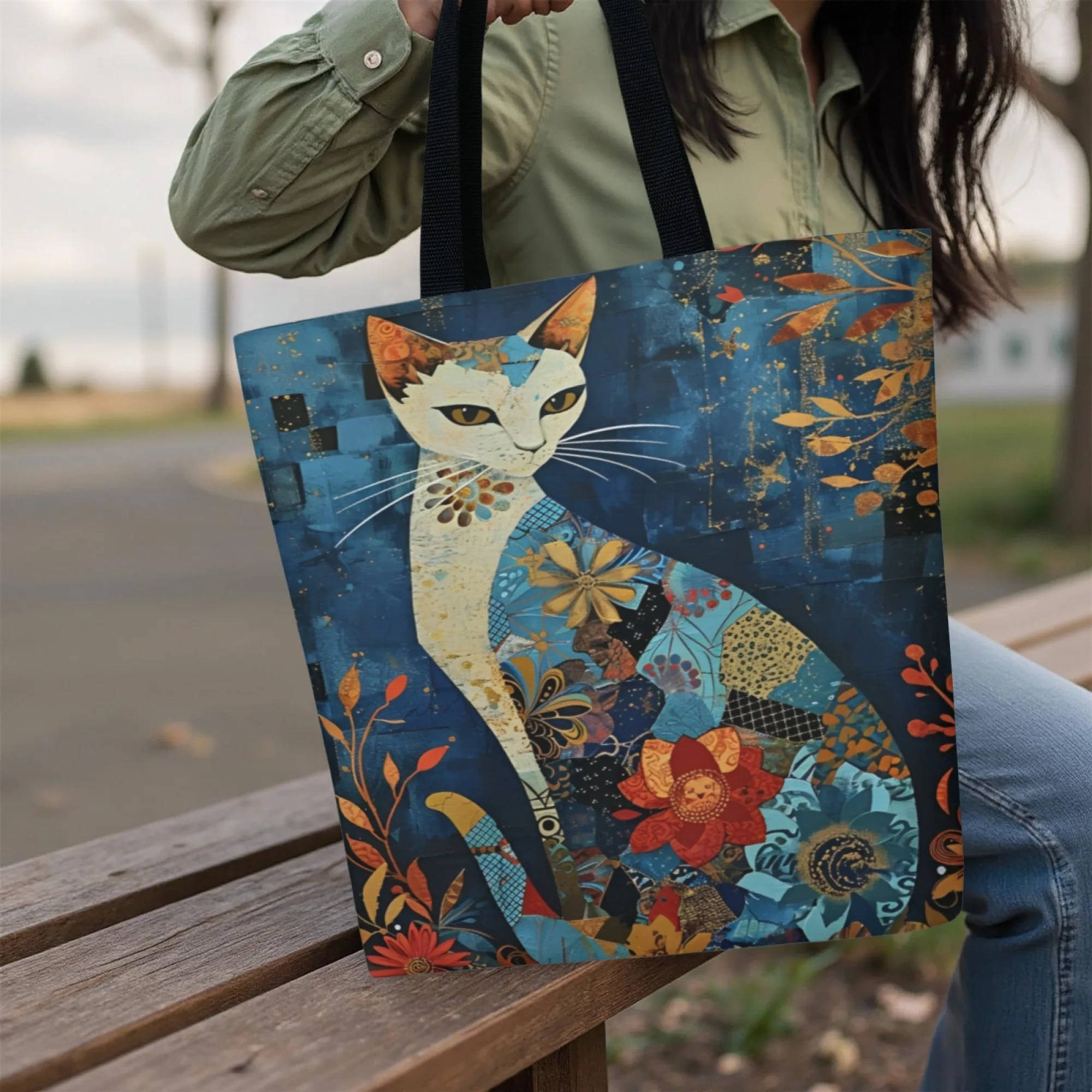

Retro Colorful kitten printed casual handbag reusable fashionable backpack multifunctional handbag printed canvas shopping bag
