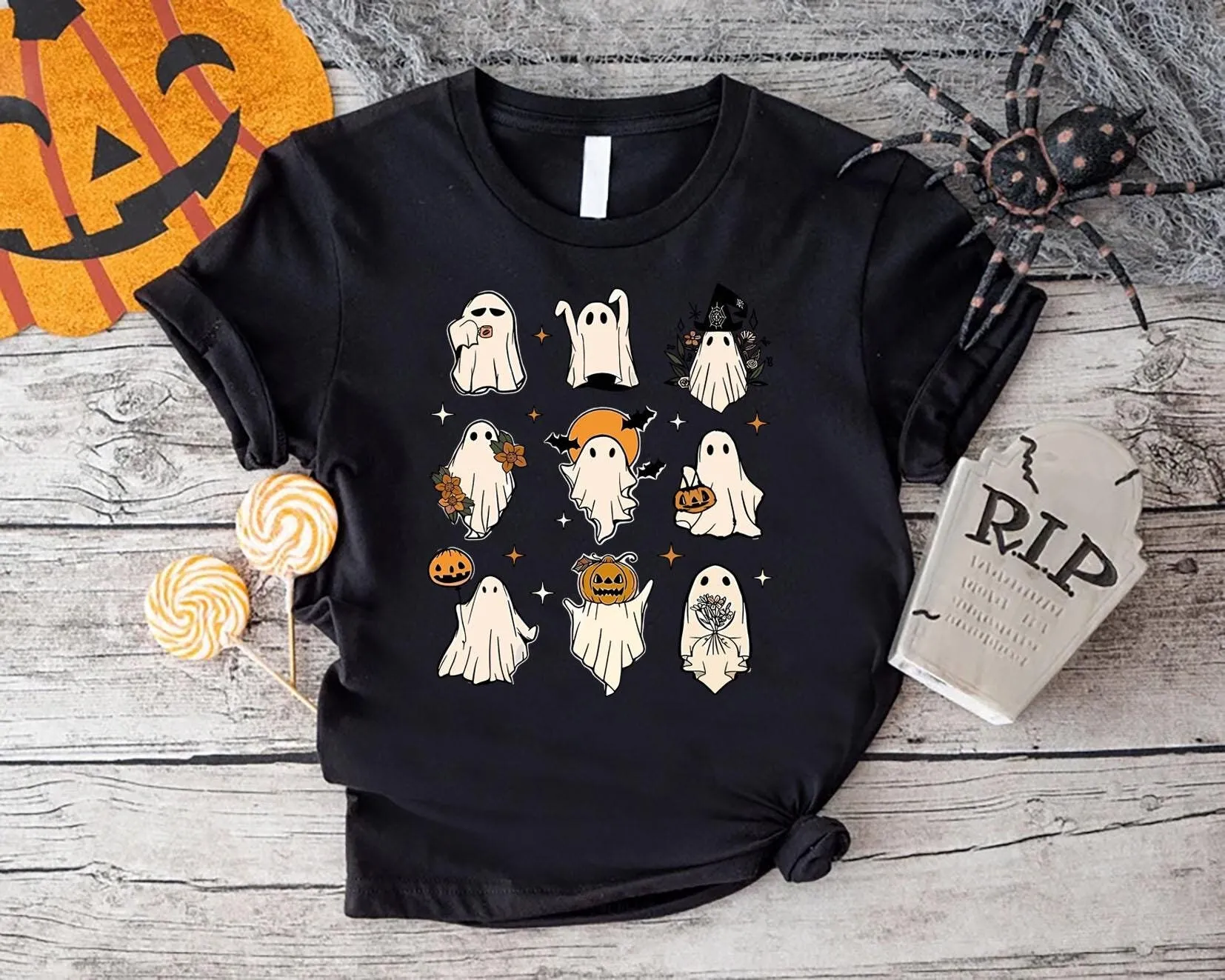 

Футболка с милыми призраками, жуткий Хэллоуин, тыква, забавный GhosT, сезон, осень, женская