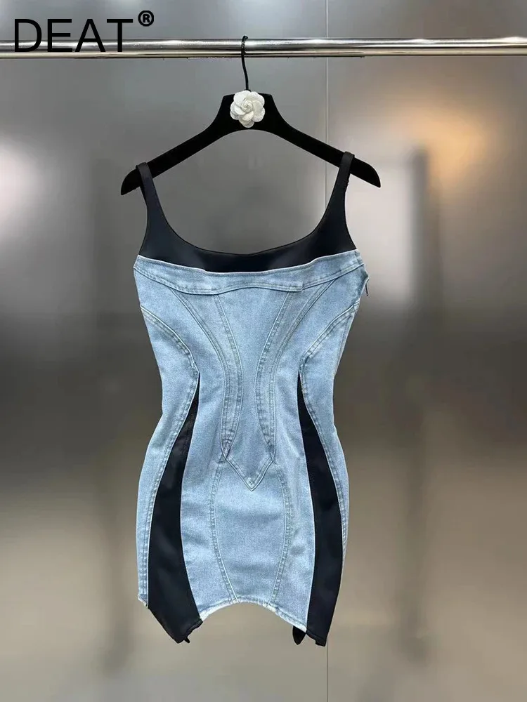 DEAT New Fashion Women's Patchwork Elastic Denim Sling Dress 2024 Spring Trendy Sleeveless Wrap Hip Dresses Female 11XX8995