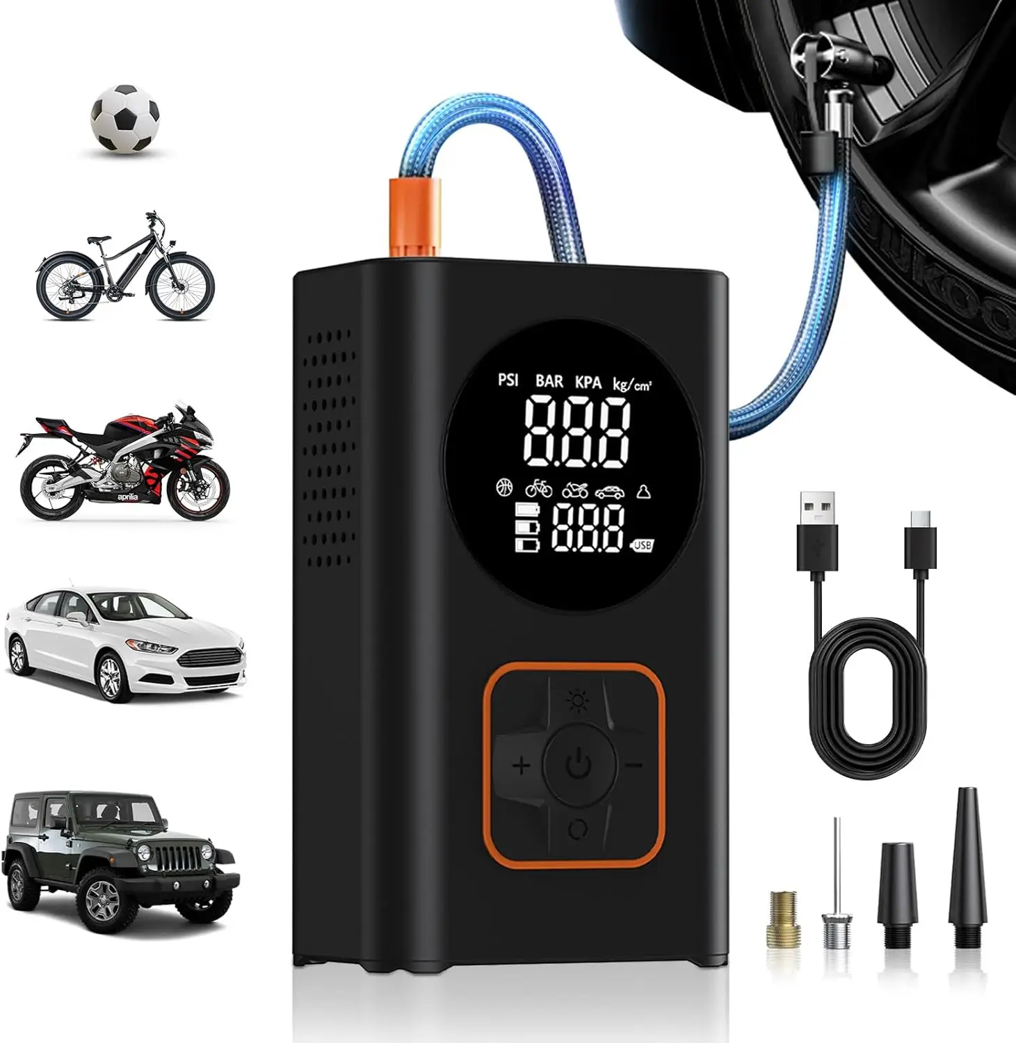 

Портативный насос для накачки шин с цифровым манометром и светодиодной рабочей подсветкой, интеллектуальный перезаряжаемый цилиндрический насос.