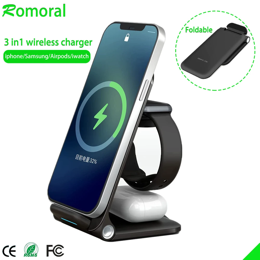 15W Qi Wireless Charger Stand for IPhone 13 12 Wireless Charger for IWatch 7 SE Foldable Charging Dock Station for Airpods Pro