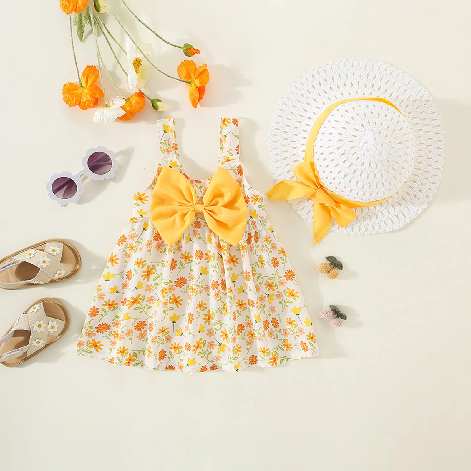 2Pcs/Set Sweet Floral Bow Beach Baby Girl Dress Summer Sundress For Girls Toddler Baby Clothes Suit Dress+Hat 0-3 Years Infant