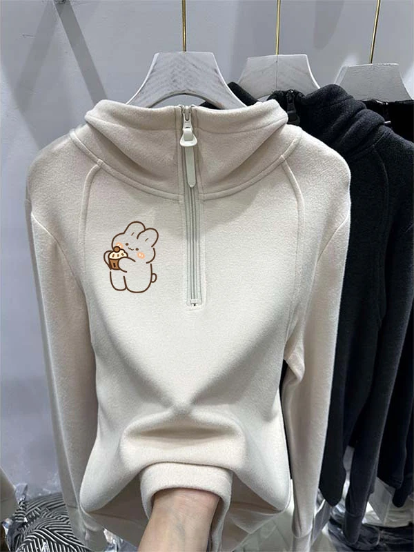 

Двусторонняя флисовая толстовка с капюшоном на молнии, женская повседневная толстовка, осенне-зимняя новинка, свободный крой с мультяшным принтом