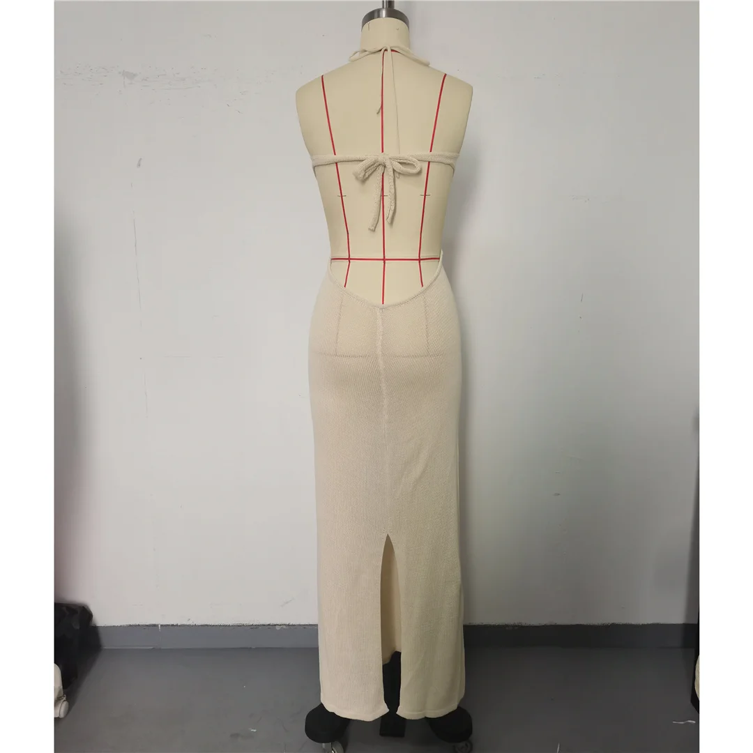 3D-Blumen-Halterneck-Strickkleid mit offenem Rücken, Strandkleid, Strandmode, Strandüberwurf, Damen V6852 – Detail 12