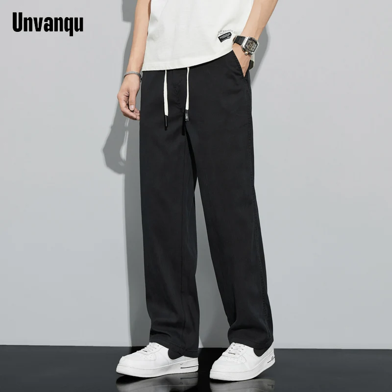 Unvanqu 2024 Spring Summer New Tencel Wide Leg Pants Men\'s Simple Versatile Casual Trousers Fashion Loose Straight Overalls Male