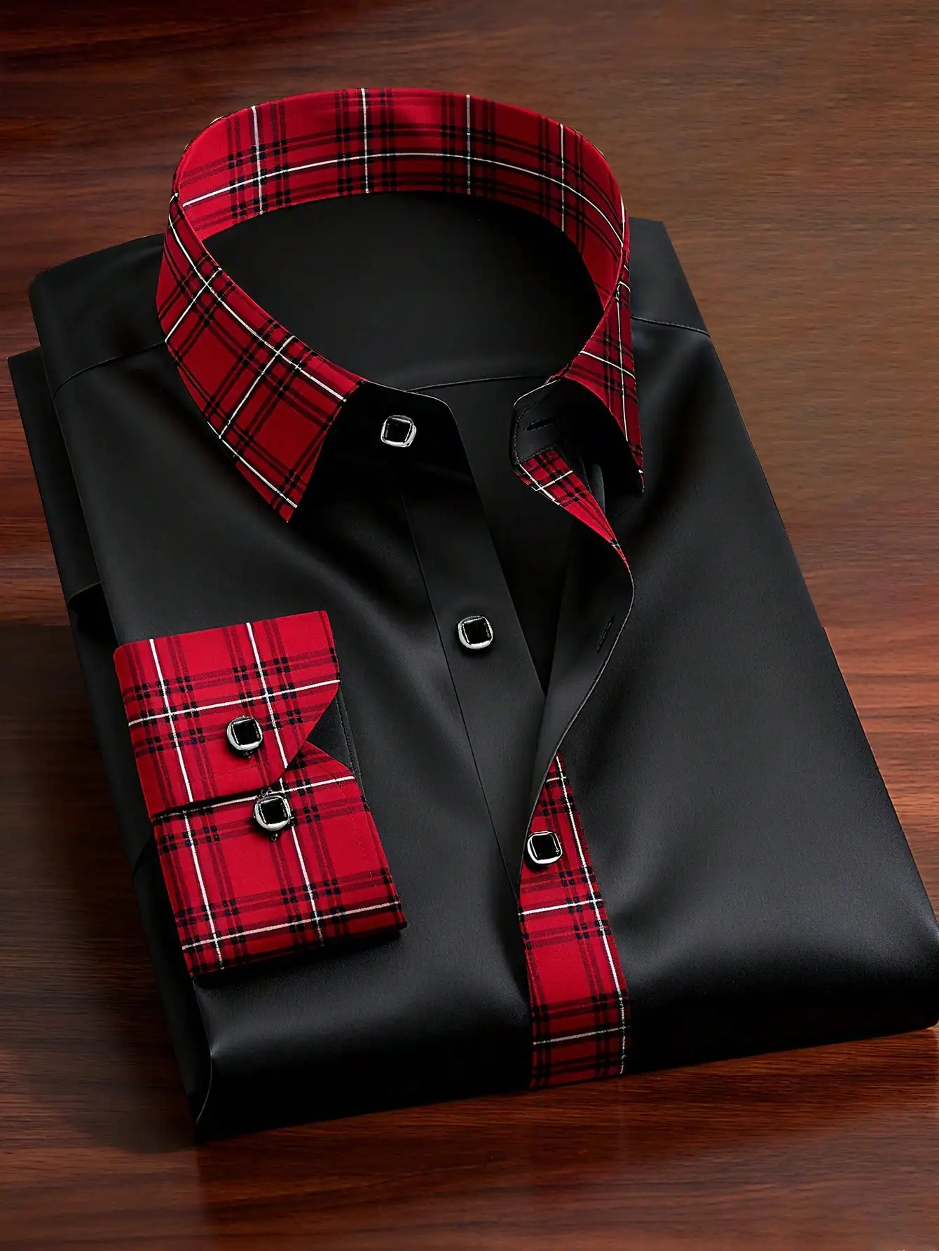 

Мужская приталенная формальная рубашка с красным клетчатым воротником и манжетами, полиэстер, длинный рукав