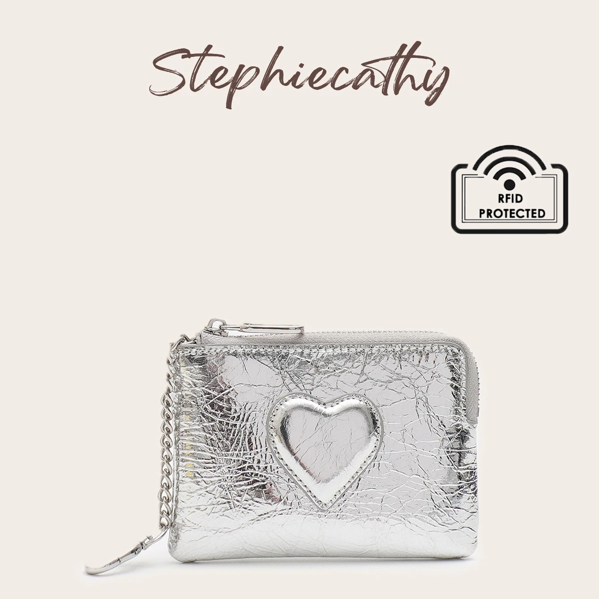 SC Women Textured Oil Wax Leather Short Wallet Heart Decoration Zipper Purse Multi Card Slots Coin Pocket With Keychain Portable