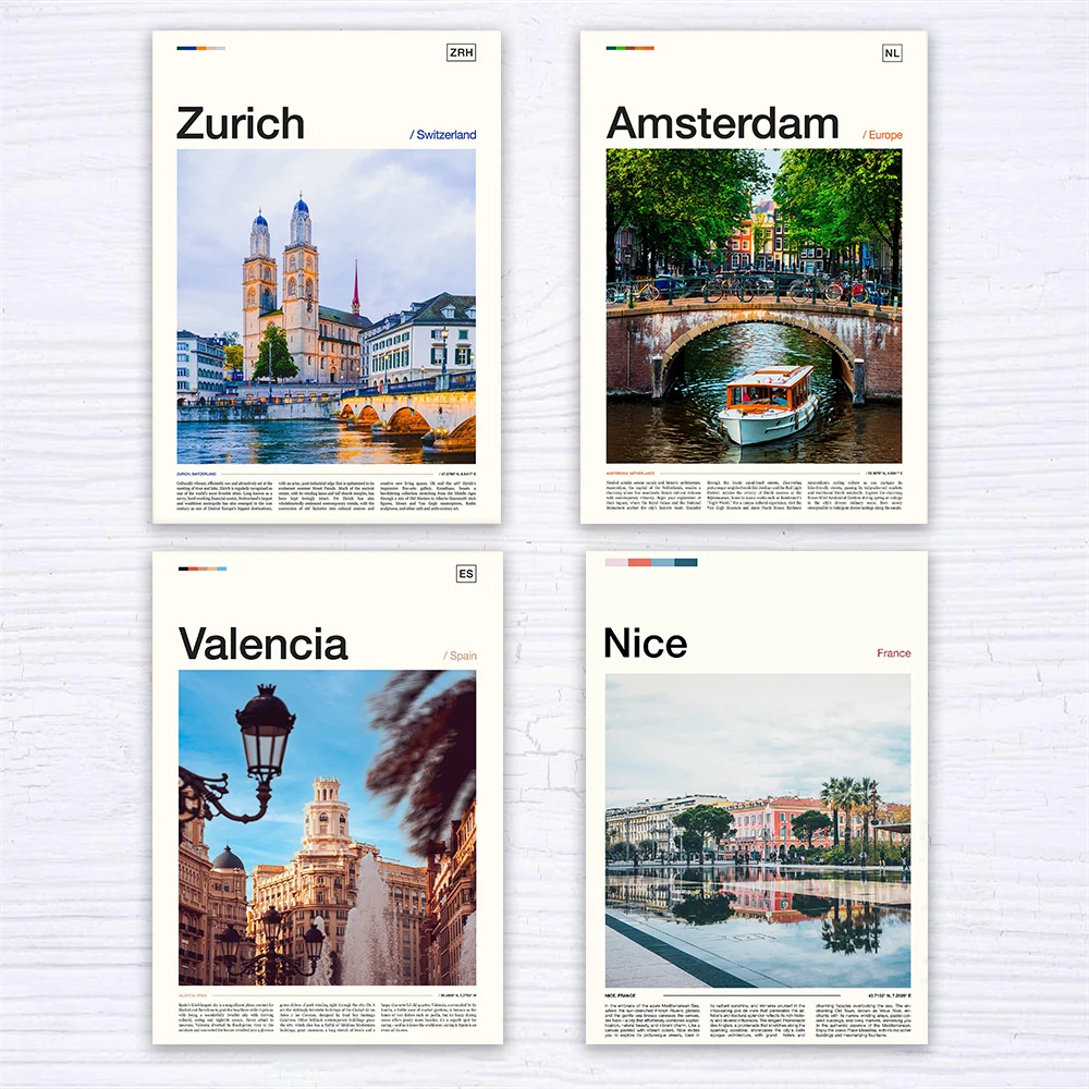 Valencia Print Travel Poster Spain Print Retro City Landscape Zurich  Switzerland Canvas Painting Bedroom Wall Art Decoration