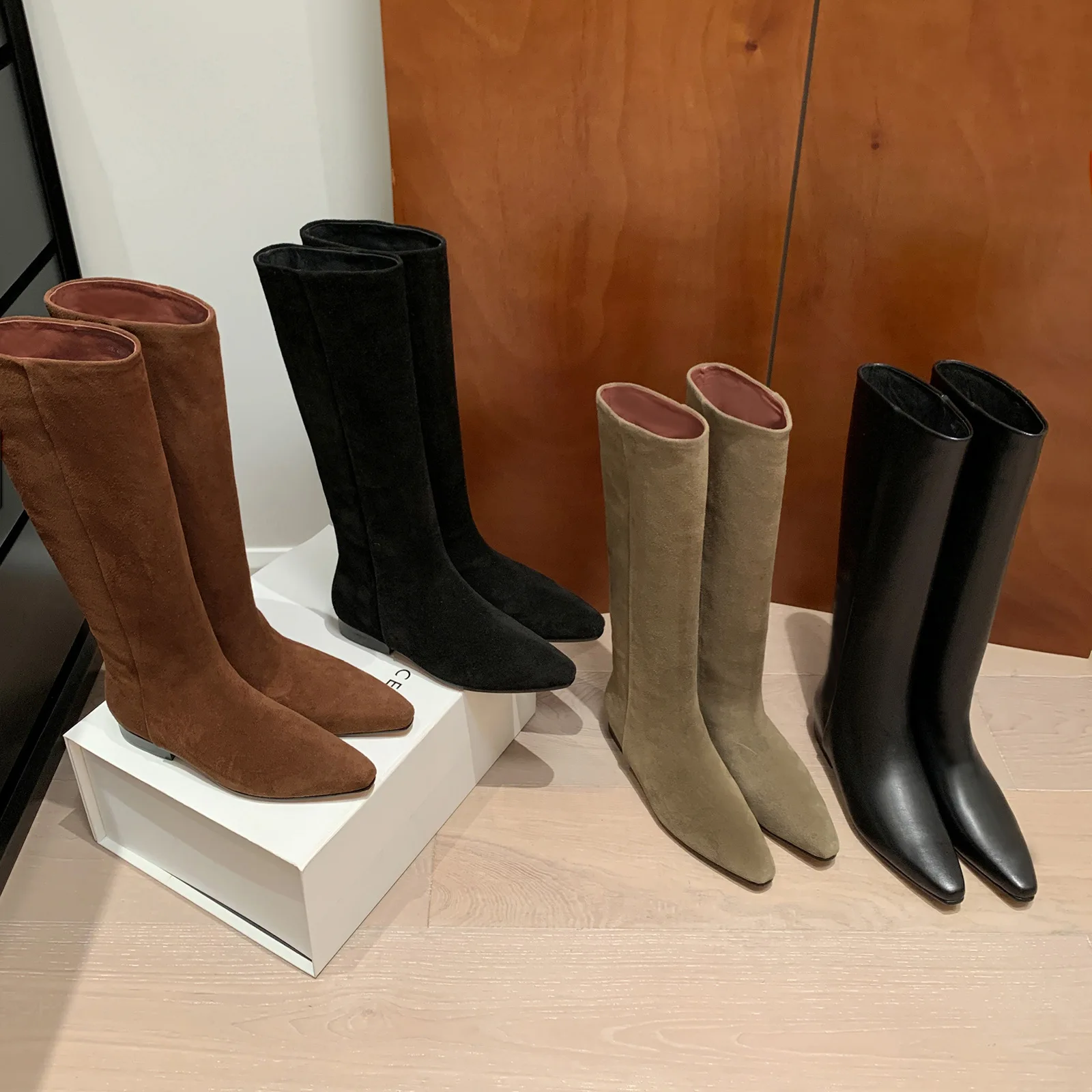 Arden Furtado 2024 Autumn Cow suede Riding boots Square toe Pull-on Low heel Knee high boots Large size Women\'s Boots