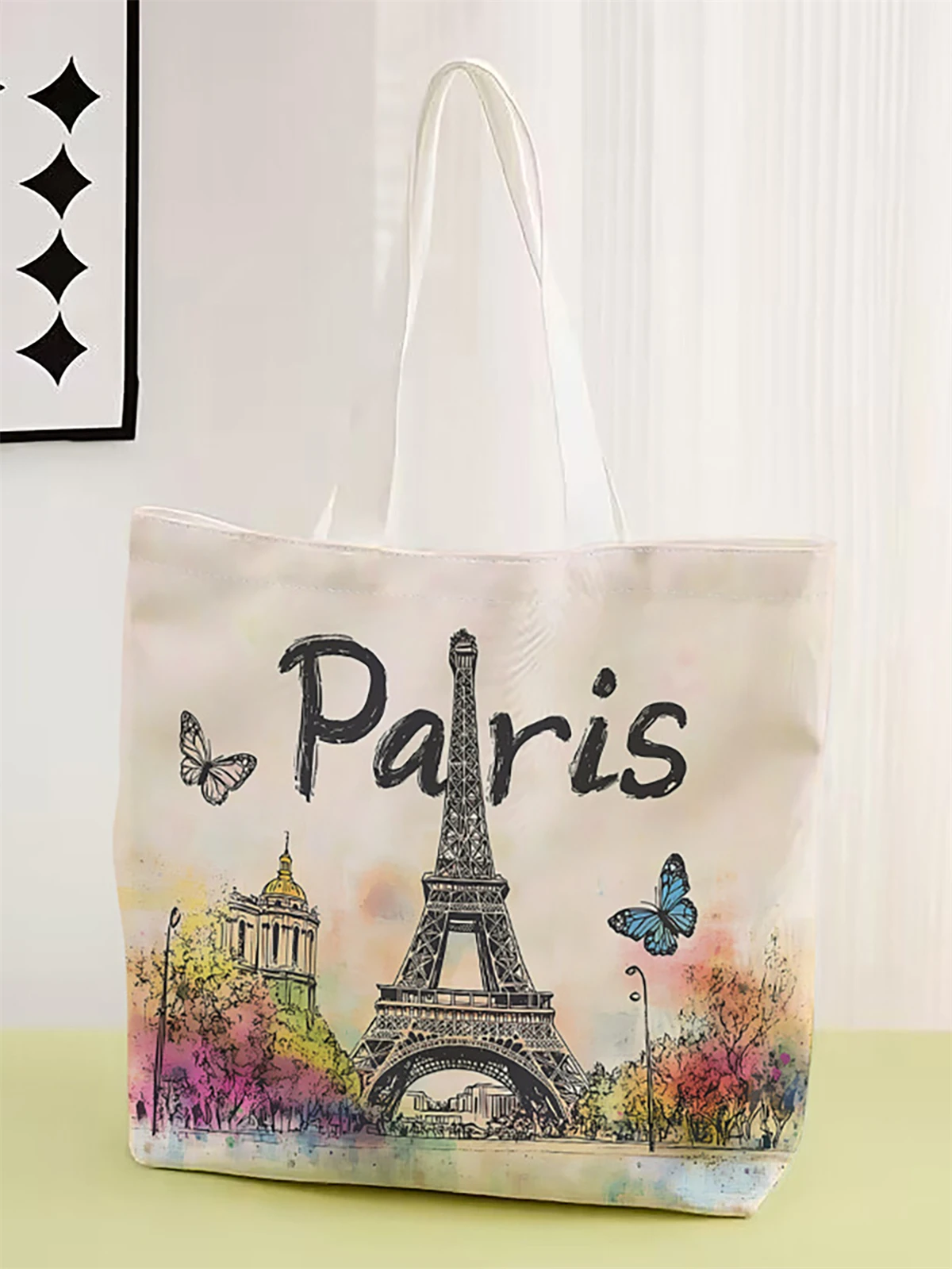 1 Piece, Eiffel Tower Patterned Handbag, Reusable Fashionable Handbag, Multifunctional Handbag, Printed Canvas Shopping Bag