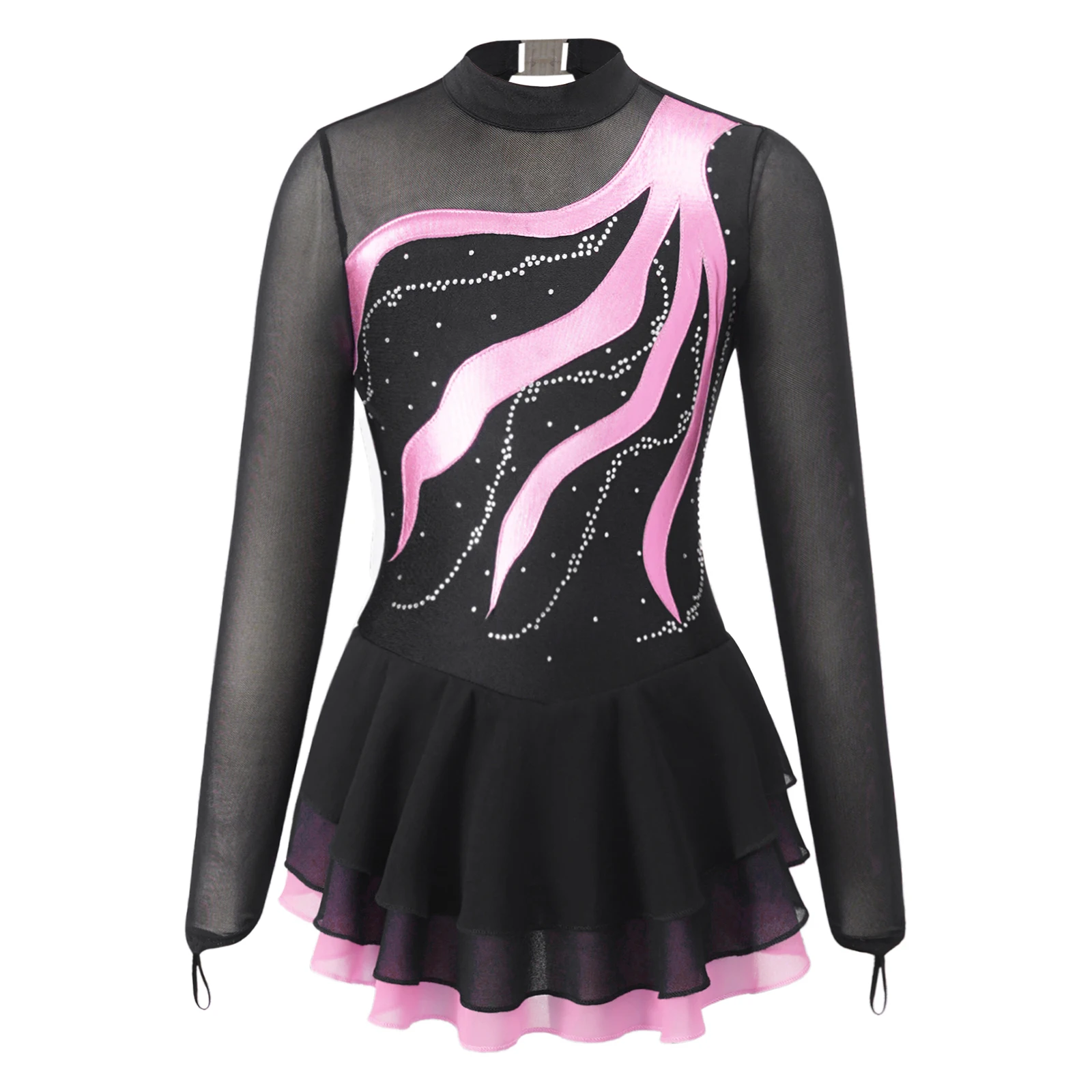 Kids Girls Ballet Gymnastics Leotard Dress Mesh Long Sleeves Figure Skating Stage Performance Costumes Rhinestones Dancewear