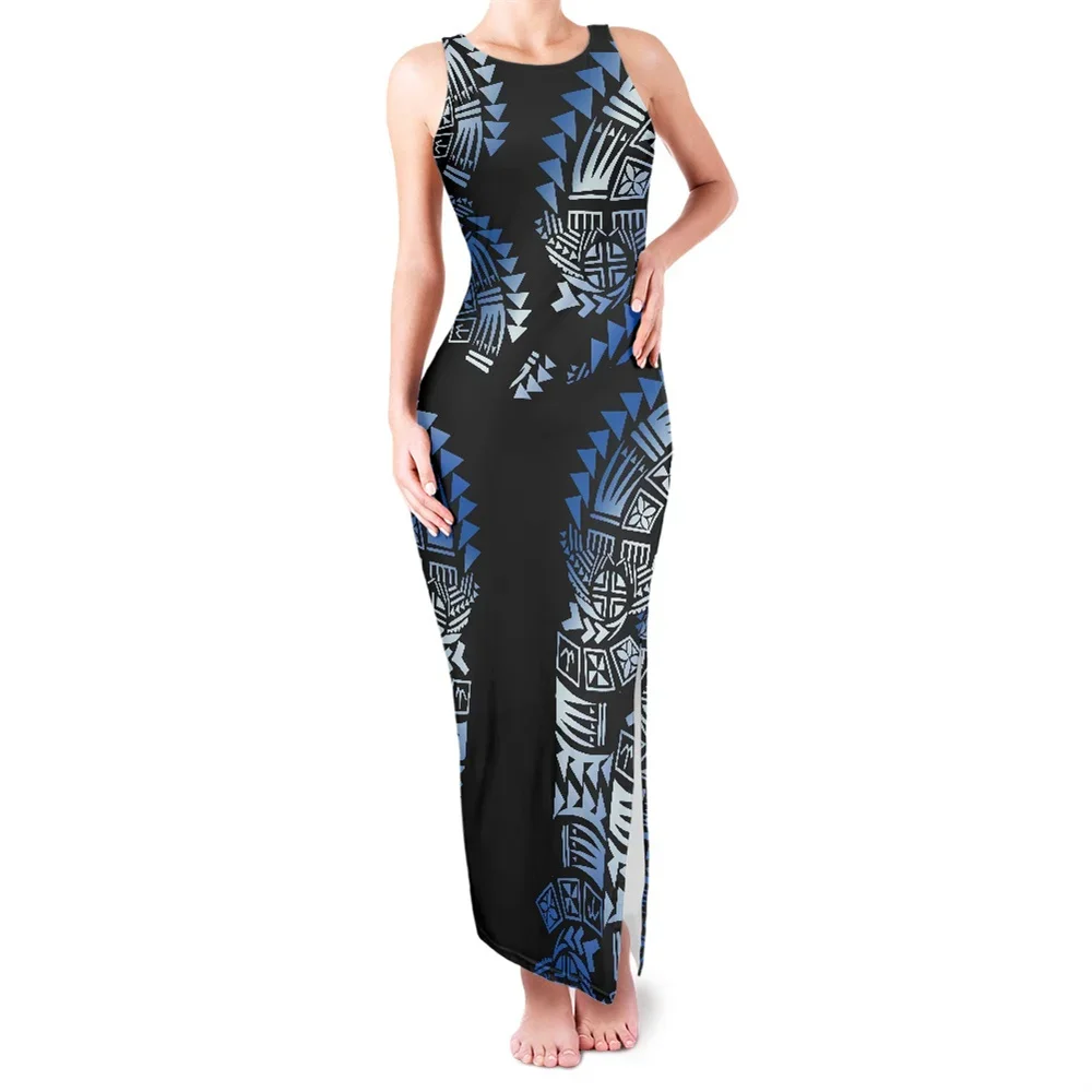 Summer Women Casual Islander Polynesian Tribal Clothing Tongan Fijian Tapa Print Bodycon Tank Sleeveless Slit Dresses For Ladies