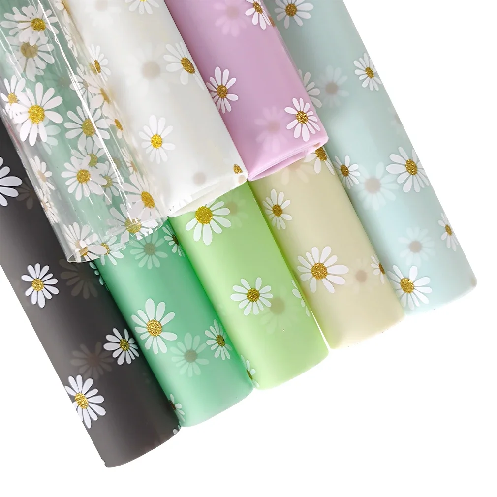 0.4mm Daisy Jelly Vinyl Fabric 46x135cm TPU Roll Printed Frosted Faux Leather Fabric For Making Handbags/Earring DIY Table Decor