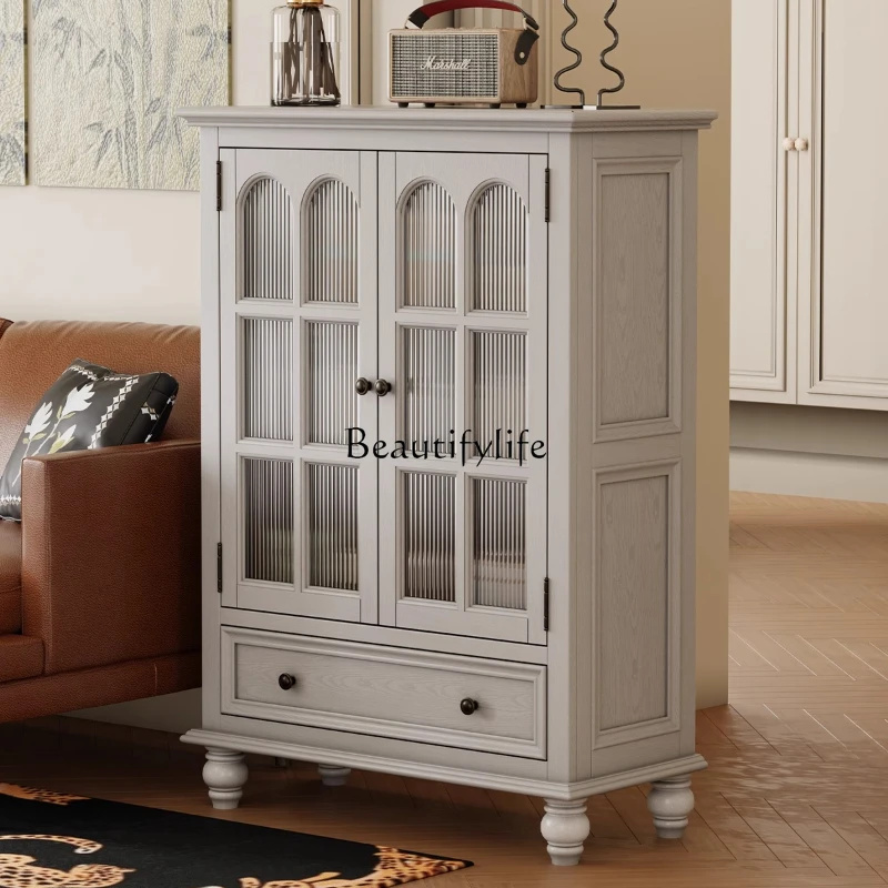 

04American solid wood wine cabinet against the wall, living room display cabinet, household white double door entrance cabinet