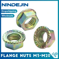 NINDEJIN 1-50 Uds tuerca con reborde hexagonal M3 M4 M5 M6 M8 M10 M12 M14 M16 M18 M20 Color Zinc chapado brida dentada tuercas de bloqueo hexagonales