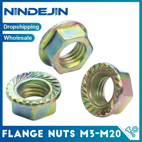 NINDEJIN 1-50pcs Hexagon Flange Nut M3 M4 M5 M6 M8 M10 M12 M14 M16 M18 M20 Color Zinc Plating Serrated Flange Hex Lock Nuts
